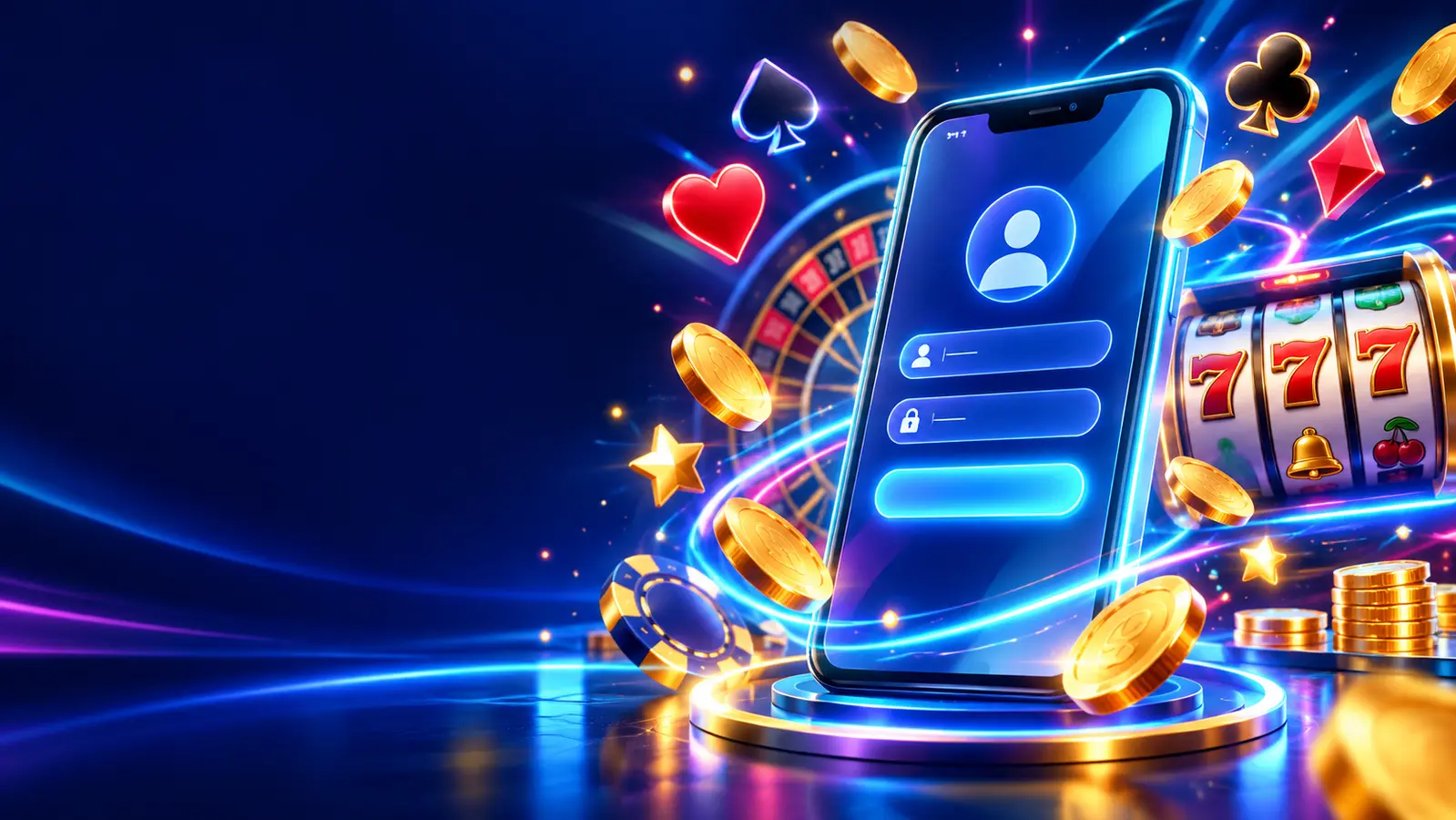 Neon casino lobby with a smartphone, slot reels and gold coins